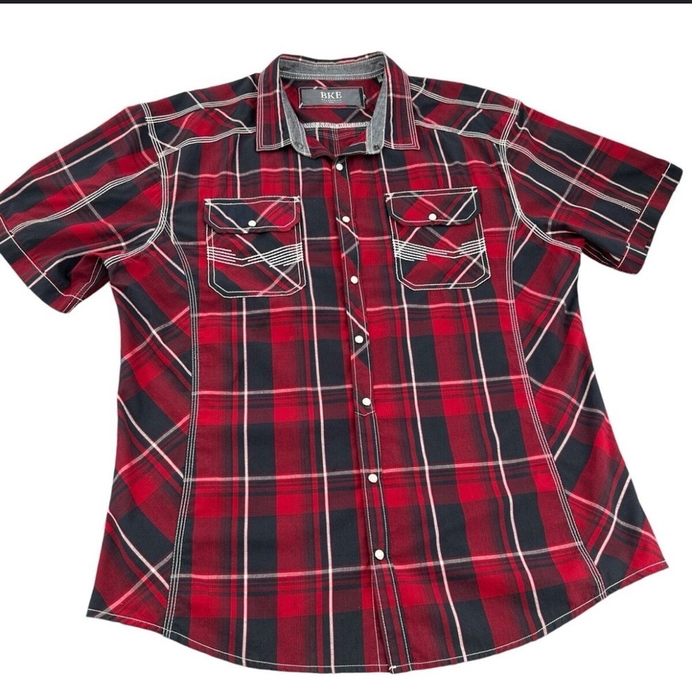 BKE Mens Relaxed Fit Red Plaid Short Sleeve Pearl Snap Rockabily Shirt Size XXL